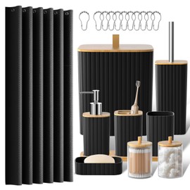 Z ZONAMA Bathroom Accessories Set - Black Bathroom Set, 22PCS Bathroom Accessory Set, Functional Shower Curtain Set withTrash Can, Toilet Brush Holder Set & Soap Dispenser for Home Decor
