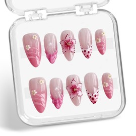 Flower Press on Nails Medium Almond Handmade 3D Water Ripple Pearl False Nails with Designs Luxury Handmade on Nails Floral Embossed French Tip Fake Nails Art Glossy Thick Acrylic Nails (Size S)