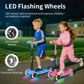 BELEEV Scooter for Kids Ages 3-12,3 Wheel Scooter for Toddler Girls Boys, Light-Up Wheels,5 Adjustable Height,Lean to Steer,Extra-Wide Deck, Three Wheel Kick Scooter for Children (Black Blue)