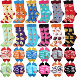 Leumoi 12 Pairs Snack Socks Food Theme Crew Socks French Fries Biscuit Burger Patterned Dress Socks Gift for Men Women Food Lover
