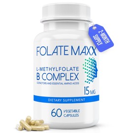 FOLATE MAXX L Methylfolate 15mg with Active Vitamin B Complex – 60 Capsules – High Potency 5-MTHF with B6 Blend and Methyl B12 Supplement – 3-in-1, Non-GMO, Gluten Free (2-Month Supply)