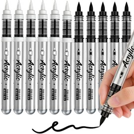YWPXSN White & Black Acrylic Markers Sets, 12 Pcs Brush Tip Acrylic Paint Pens for Stone,Paper,Wood,Glass,Fabric Paint,DIY Crafts (12, 6 Black+ 6 White)