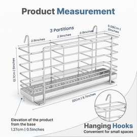 KESOL 304 Stainless Steel Utensil Drying Rack with Hooks & 3 Divided Compartments, Silverware Drying Basket, Spoon and Fork Organizer, Rustproof Kitchen Drainage Basket Accessories, Silver, 2x8.7x5