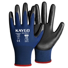 KAYGO KG12N Work Gloves Nitrile Coated, 12 Pairs Flexible Protective Gloves with Good Grip for Men Women, Ideal for General Work, Construction Warehouse, Car, Garden, DIY Assembly, KG12N (Blue, S,