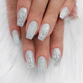 Short Press on Nails Coffin Fake Nails with Sliver Glitter Sequins Designs Acrylic Nails Press ons Glossy Glue on Nails Full Cover Artificial Stick on Nails for Women 24Pcs