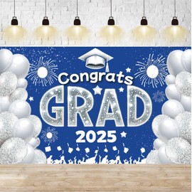 GOLDCROW Blue and White Congrats Grad 2025 Banner - Class of 2025 Graduation Party Decoration - 72x44 inch