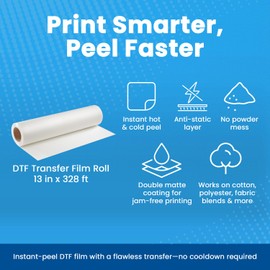 DTF Transfer Film Roll 13” x 328ft – Premium Heat Transfer Media with Instant Hot & Cold Peel – Anti-Static Double Matte PET – for DTF Printers, Cotton, Polyester, Blends & More – Printium