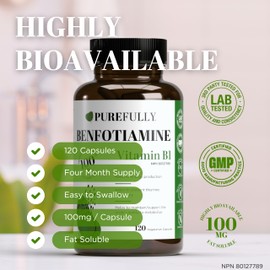PUREFULLY Benfotiamine (Vitamin B1/Thiamine) 100mg, 120 Capsules - For Energy Production & Nutrient Metabolism - Gluten Free, Non-GMO, Made in Canada