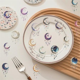 50PCS Dreamy Moon Crystal Gem Scrapbook Stickers,Clear Celestial Vinyl Decals with Stars, Crystals Galaxy Design Aesthetic Boho Moon Phase Sticker for Journal, Planners, Crafts Gifts (Bright Color)