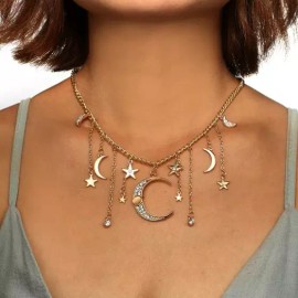 Crescent Large Crescent Moon & Stars Jewelry Dangle Celestial Rhinestone Necklace