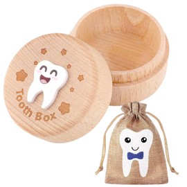 Verazquy 1Pack Wooden Tooth Fairy Box with Tooth Fairy Bag –Cute 3D Carved Wooden Storage KidsTeeth Storage Keepsake Box Organizer for Boys/Girls Loss Baby Birthday Gifts