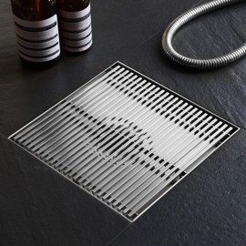 Sharpeye 8 Inch Square Shower Drain with Removable Wedge Wire Pattern Grate, Brushed Nickel 304 Stainless Steel Shower Floor Drain for Bathroom, CUPC Certified, with Hair Strainer