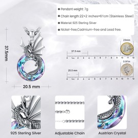 Eusense 925 Sterling Silver Dragon Necklace for Women Crystal Dragon Pendant Jewellery Gift for Women Dragon Lovers, Sterling Silver, No Gemstone