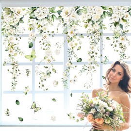Whaline 9 Sheets Eucalyptus Floral Window Cling Stickers Hanging Greenery Leaves White Rose Flower Window Decals Watercolor Reusable Window Decoration for Wedding Bridal Shower Home