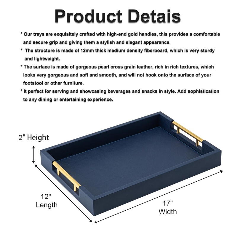 Navy Blue Faux Leather Serving Coffee Tray with Gold Handles,Rectangle