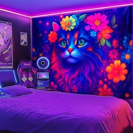 Cat Blacklight Tapestry,Animal Tapestry Glow In The Dark,UV Reactive Black Light Upright Posters Wall Hanging for Bedroom Dorm Living Room Backdrop Decor 79" x 59"