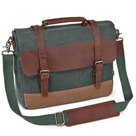 TSD Brand Waxed Waterproof Canvas Briefcase Laptop Messenger Bag Satchel Shoulder Bag Vintage Genuine Leather Briefcase Crossbody Travel Bag for Men And Women(Teal)