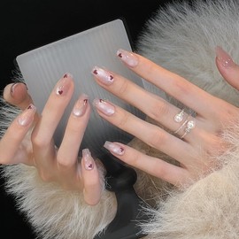 Pure Handmade Nails Press on Nail Reusable Fake Nails Red&Heart CatEyes Bling Bling Medium Stick on Nails French Tip False Nails 10pcs (L, Q315 NAILS)