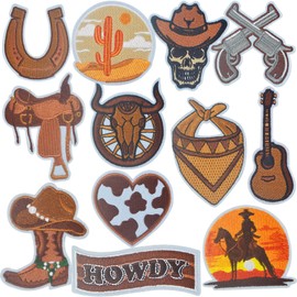 12pcs Western Iron On Patches Wild West Cowboy Vintage Rodeo Country Horseshoe Boot Howdy Hat Embroidered Sew on Repair Applique for DIY Clothing T-Shirts Jeans Jackets Bags Decor