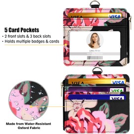 Soporte para tarjetas de identificación con cordón, con 1 ventana transparente para identificación, 4 ranuras para tarjetas y un cordón desmontable para el cuello (horizontal, patrón floral 1)