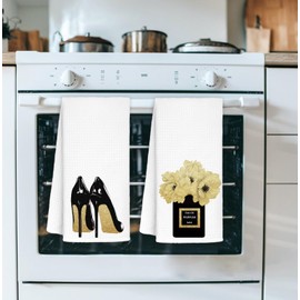 AQYIP Gold and Black Towels for Bathroom Kitchen Decor, Funky Modern Perfume and High Heels Decorative Hand Towels for Girls Bathrooms Dorm, Trendy Girly Bathroom Decor, 16x24 Inch Set of 2