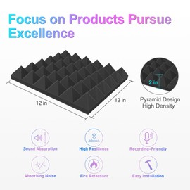 JBER Acoustic Sound Foam Panels, 6 Pack 2" X 12" X 12" Charcoal Soundproofing Treatment Studio Wall Padding Sound Absorbing Fireproof Pyramid Black Wall Panel…