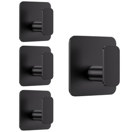 Black Hooks for Hanging Heavy Duty, Adhesive Hooks for Shower, Bathroom, Kitchen, Robe, Towel, Coat, Waterproof & Rustproof Hook for Walls No Damage, Stainless Steel Sticky Hook - 4 Pack