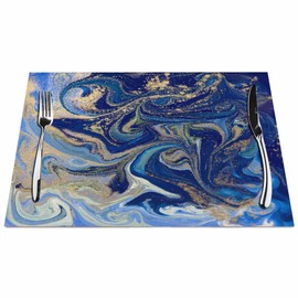 Walmsco Placemats Blue Gold Marble Style Decor For Dining Room Kitchen Table,Waterproof Non-Slip Washable Heat Resistant Placemats,Set of 4,12"x18"