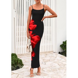 PRETTYGARDEN Womens Floral Maxi Dress Summer Spaghetti Strap Mesh Backless Slip Party Long Bodycon Dresses(Floral Black Red,Large)