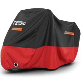 Favoto XXXL Waterproof Motorcycle Cover, Updated 210D Oxford Outdoor Motorbike Cover with UV Protection, Scratch-Resistant, Windproof Buckles, Fits up to 104 inch / 265 cm, Black/Red