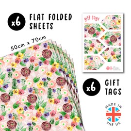 Wedding Wrapping Paper - 6 Sheets Of Floral Gift Wrap For Her - Pink Red Yellow Purple Watercolour Florals - Birthday Hen Do Anniversary - Recyclable - By Central 23