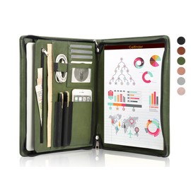 Calfinder Vegan Leather Portfolio with Zipper, Professional Business Padfolio with A4 Writing Pad Holder, Green Christmas Gifts, Resume Folder for Men and Women