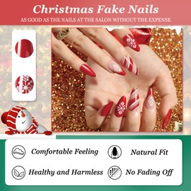 Ceboic Pack of 24 Christmas Press On Nails Almond, Medium Ballerina French Artificial Nails, Red Glitter Acrylic Nails for Sticking, Full Cover Artificial Nails, False Nails for Women and Girls
