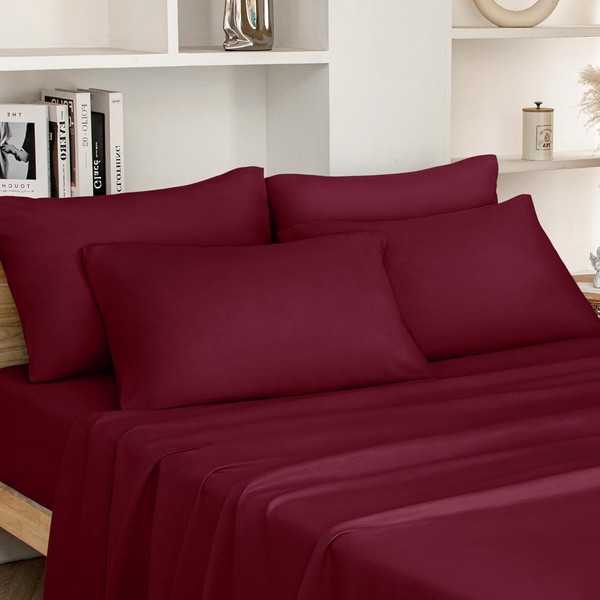 HOMEIDEAS Queen Size Bed Sheets - 6 Piece Set (Burgundy)