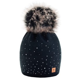 Morefaz Winter Knitted Worm Hat, Women's Crystal Pebble with Large Fur Pompom, L Ski, (MFAZ Ltd) -