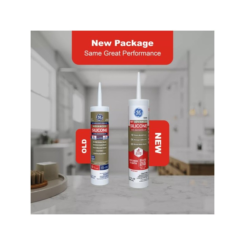GE Advanced Silicone Caulk for Kitchen & Bathroom, White, 10