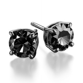 KEZEF Black CZ Stud Earrings for Men or Women, 14K White Gold, Yellow Gold, or Black Rhodium Plated Sterling Silver Studs, Brilliant Round Cut, 3-9mm, Hypoallergenic
