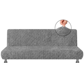 SmoothNovelty Armless Futon Cover Geometric Jacquard Plush Cover Stretch Sofa Bed Slipcover Furniture Protector Without Armrests with Elastic Bottom, Soft Jacquard Fabric Small Checks, Gray