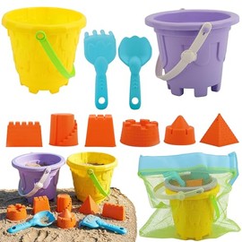 TOY Life Kids Beach Sand Castle Bucket Set, 2 Buckets with Mesh Bag, 6 Molds, 2 Shovels, Colorful Plastic Beach Toys for Summer Play