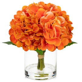 Hollyone Fall Hydrangea Artificial Flowers for Decoration Orange Hydrangea Artificial Flowers in Vase Latex Real Touch Fall Flower Arrangements Fake Hydrangeas with Faux Water Autumn Centerpiece Decor