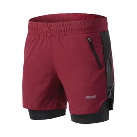 ARSUXEO Men's 2 in 1 Active Running Shorts with 2 Zipper Pockets B191, Red, X-Large