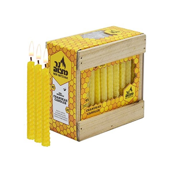 Ner Mitzvah Honeycomb Beeswax Chanukah Candles Standard Size Fits Most Menorahs - Natural Yellow Amber Beeswax Hanukkah Candles - Premium Quality Pure Bees Wax - 45 Count for All 8 Nights of Hanukkah