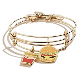 Alex and Ani Food Expandable Bangle for Women, Hamburger and Fry Charm, Shiny Gold Finish, 2 to 3.5 in, Set of 2