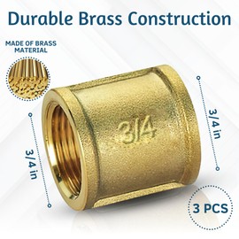 PipeSan Brass Sleeve Fitting 3/4 Inch, 3 Pieces 3/4 Inch Coupling Female Thread, Double Sleeve 3/4 Inch Brass for Drinking Water, Air, Gas and Heating Distribution