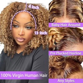 wigklee Curly Bob Wig Human Hair 200 Density Highlight 13x4 Short Bob Wig Human Hair 4/27# Pre Plucked HD Lace Frontal Wet and Wavy Honey Blonde Deep Wave Colored Wigs Glueless 14inch