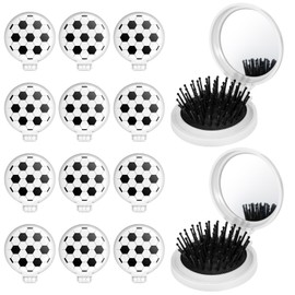 12 Pcs Soccer Mini Detangler Brush, Folding Mirror Hair Brushes, Mini Travel Hair Brush, No Tangle Soft Flexible Bristles for Straight, Curly, Thick Hair for Soccer Team Gift Sport Party