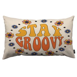 TKS MITLAN Retro Stay Groovy Slogan Decorative Pillow Covers Hippie Flowers in Circle Print Rustic Linen Throw Pillow Covers 12x20 Inch for Sofa Couch Decoration