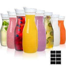 Lawei 8 Pack 34 Oz Plastic Water Carafe, 1 Liter Clear Beverage Carafe with Flip Top Lid, Narrow Neck Drink Container Pitcher for Juice, Water, Ice Tea, Milk, Lemonade and Mimosa Bar