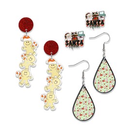 Agriajun Christmas Dangle Drop Earrings Set for Women Girls，3 Pairs Cute Fun Gingerbread Man Snowflake Xmas Santa Snowman Stud Holiday Accessories Jewelry Bulk Gift