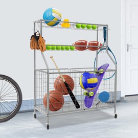 Rolling Garage Sports Equipment Organizer Carbon Steel Ball Storage Rack Holder with Hooks and Wheels Freestanding Basketball Storage Cart for Indoor Outdoor Sports Gear Toys Organization (Silver)